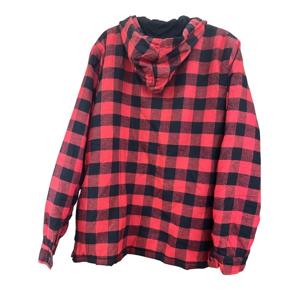 RQQBA Mens XXL Red Black Buffalo Plaid Hooded Full Zip Flannel Shirt Jacket - Picture 3 of 10